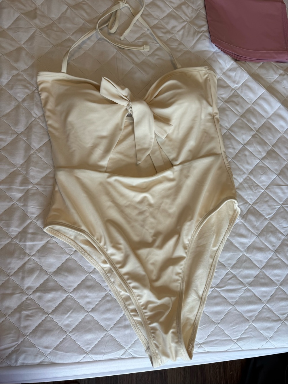 Cream Halter One-Piece Swimsuit with Front Tie